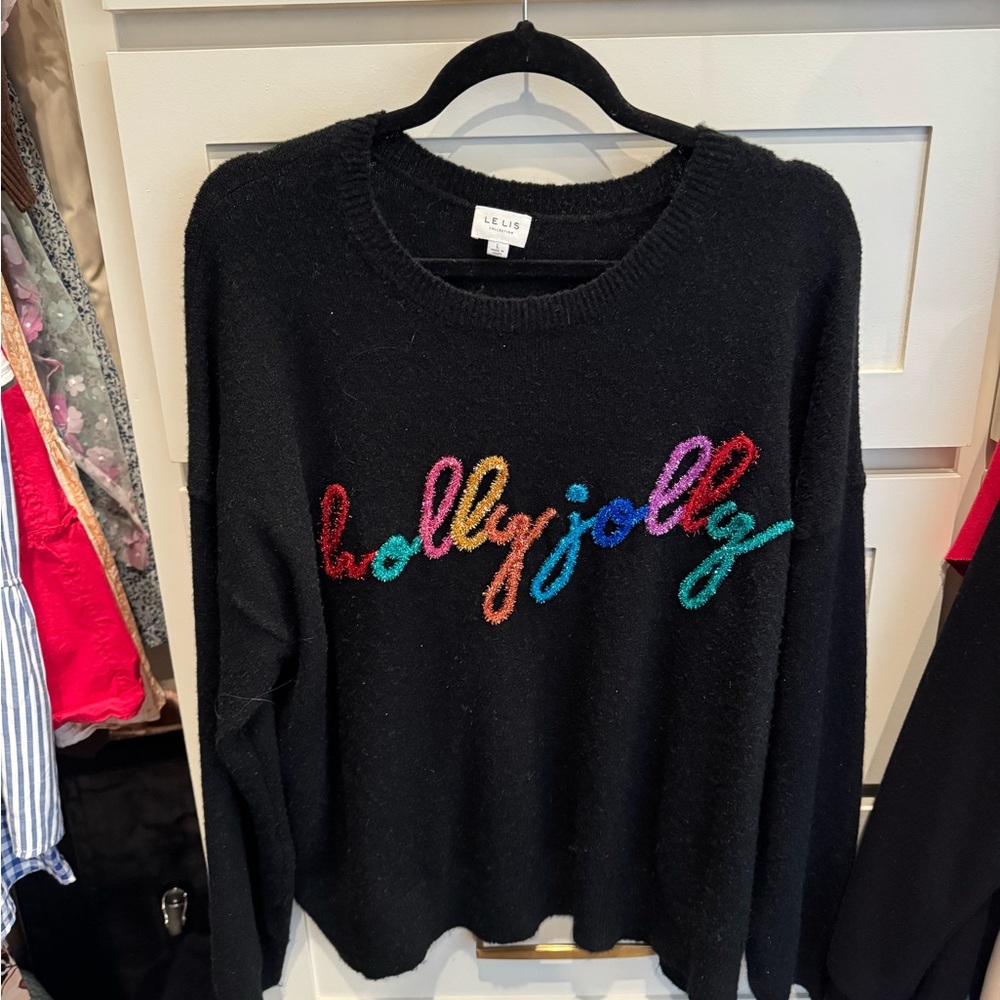 Le Lis Black Holiday Sweater with Multicolored Script